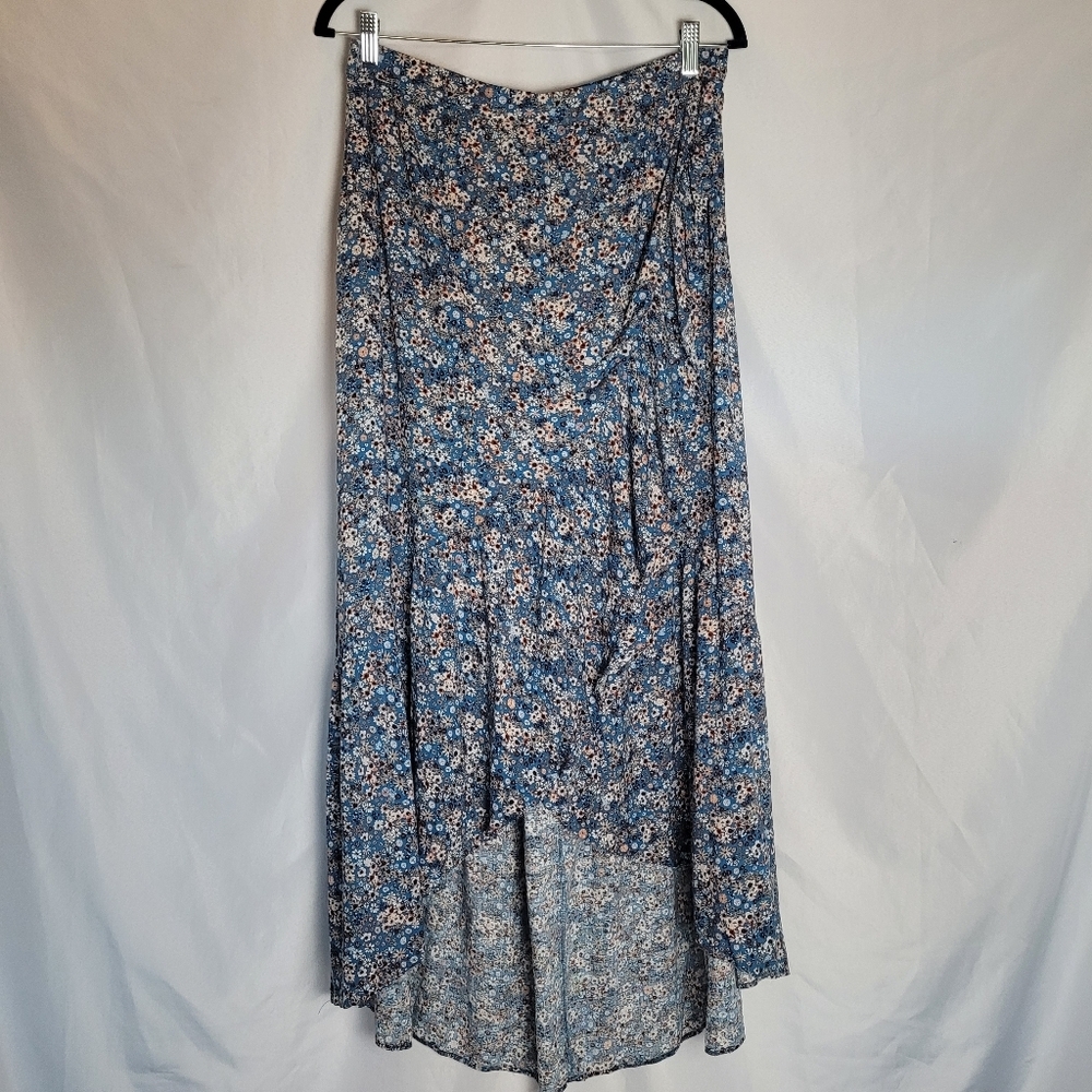 Blue Floral Cottagecore Prairie High Low Flowy Faux Wrap Pullon Skirt Size L